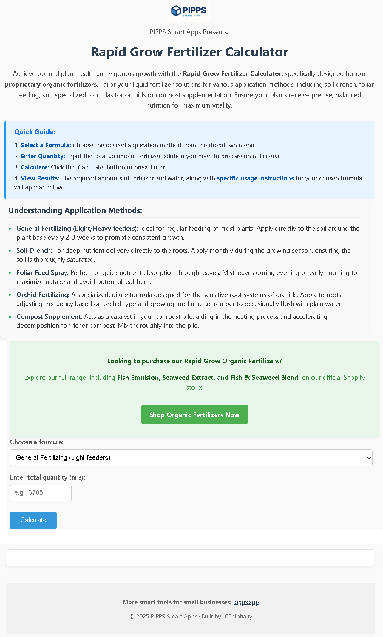 Screenshot of the Rapid Grow free fertilizer calculator tool